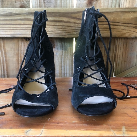 Fergie Black Suede Riviera Open Toe Lace-Up Stacked Heel Booties - Picture 4 of 10